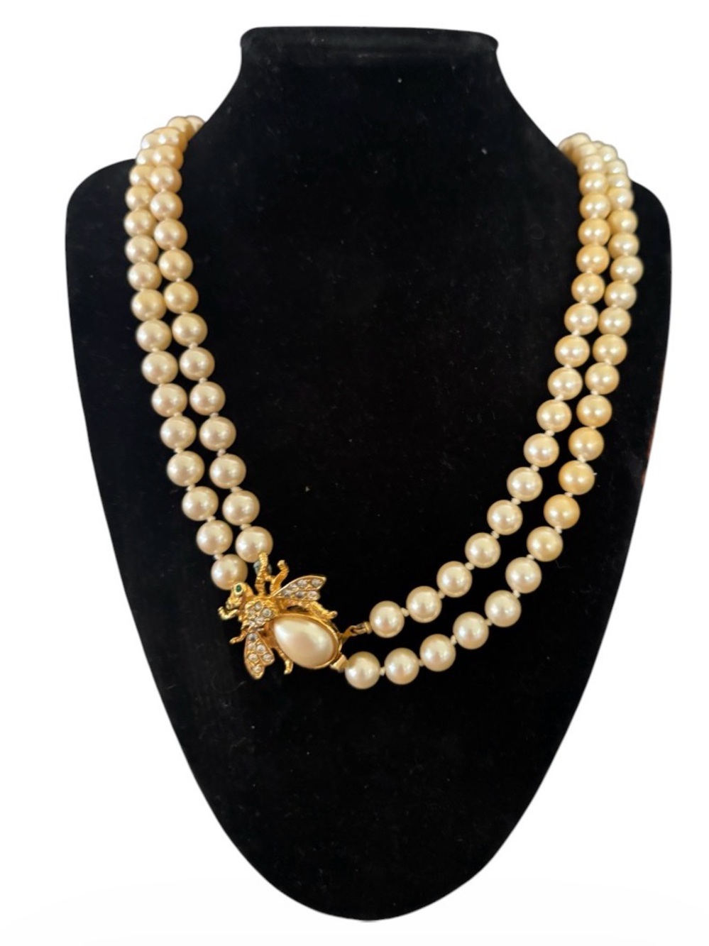 Vintage Joan Rivers Double Strand Faux Pearl Necklace Rhinestone Bee Clasp